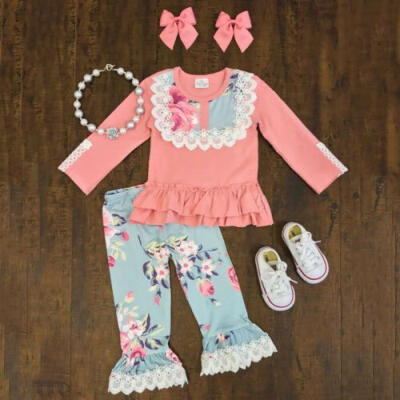 

US 2PCS Toddler Kids Baby Girl Lace Ruffle Tops Flower Long Pants Outfit Clothes
