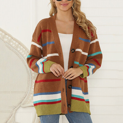 

Tailored Women Patchwork Button Long Sleeve Knitted Sweater Loose Cover Up Cardigan