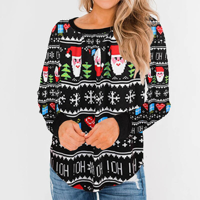 

New Fashion Women Sweatshirt Christmas Printed Long Sleeve Round Neck Tops And Tshirts Pullover Loose Blouse Women Casual Tops