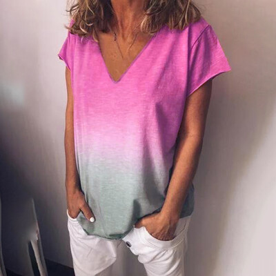

Women V-neck Gradient Summer Top Short Sleeve Blouse Casual Tops T Shirt 2019