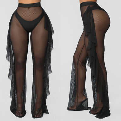 

Fashion Womens See Through Fishnet Sheer Mesh Ruffle Swimsuits Beach Bikini Cover up Lace Wide Leg Pants Swimsuit Swimwear