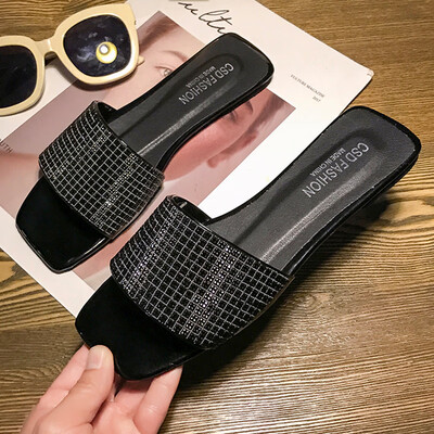 

Water drill square head cool slippers simple open toe word drag spring summer flat heel fashion hundred social womens shoes