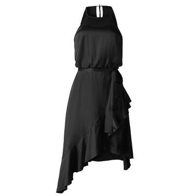 

Solid Color Irregular Ruffle Bandage Dress Women Sleeveless Halter Dresses