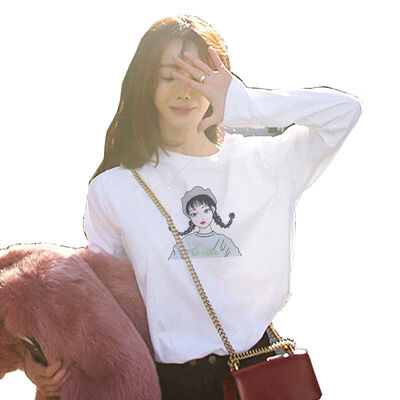 

Loose Tops Women Casual T shirt Cartoon Print Round Neck Long Sleeve Basic Pullover T-shirt