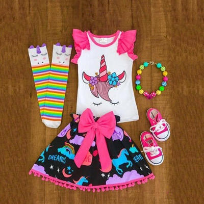 

Sweet Unicorn Baby Girls Kids Outfits Clothes T-shirt TopsShort Skirts 2pcs Set