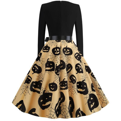 

2019ebay AliExpress explosion retro Hepburn style Halloween print long sleeve dress Photo 2XL