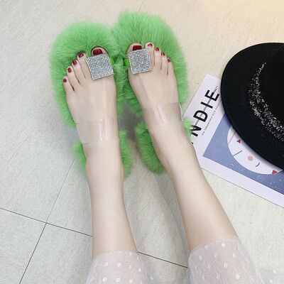 

Flat-soled Rabbit Hair Slippers Transparent Open-toed Roman Sandals Female Slippers with Toe Hair Slippers Wearing Jelly Shoes