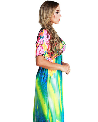 

Elegant Women Maxi Dress Floral Print Plunge V Neck Short Sleeve Russian Long Ice Silk Dress Blue