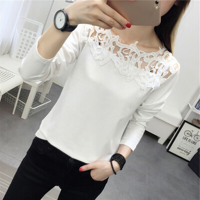 

Women Lace Splice Long Sleeve Autumn Ladies Causal Loose Tops Solid Color Blouse