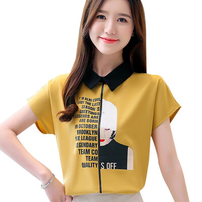 

Blouse Women Tops Peter Pan Collar Short Sleeve Letter Print Pullover Chiffon Blouse Korean Style Elegant Office Lady