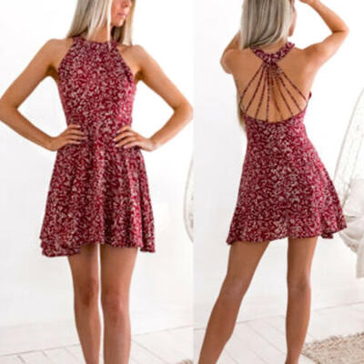 

Women Summer Boho Short Mini Dress Evening Party Beach Floral Causal Sundress US
