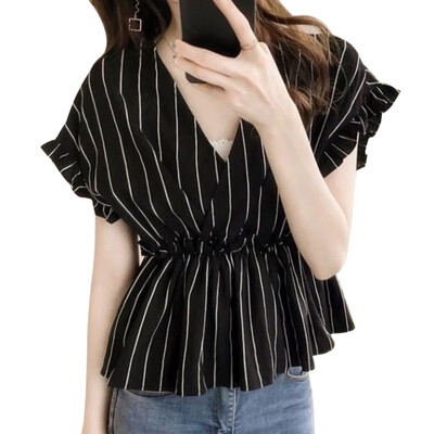 

Fashion Ruffles Blouse Women Summer Short Butterfly Sleeve Shirt Striped V-Neck Shirt Casual Tops