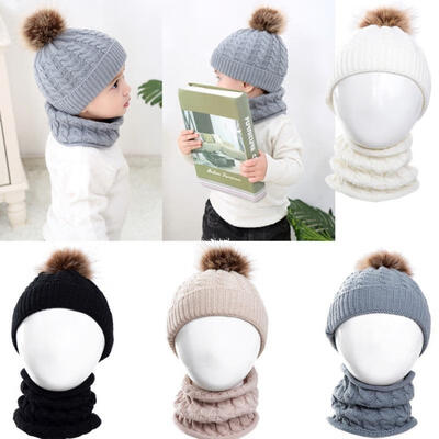 

2Pcs Toddler Baby Boys Girls Winter Warm Fur Pom Bobble Knit Beanie Hats Caps scarf