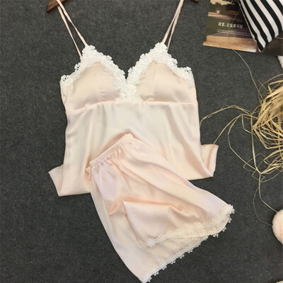 

Summer Women Sexy Lace Pajamas Silk Pijamas Sleepwear Deep V Sling Lingerie Set