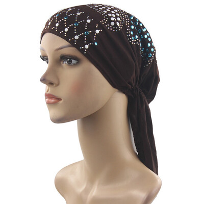 

1 Pc Women Muslim Sequins Decor Long Turban Cap Cancer Chemo Hat Beanie Scarf Turban Elastic Head Wrap