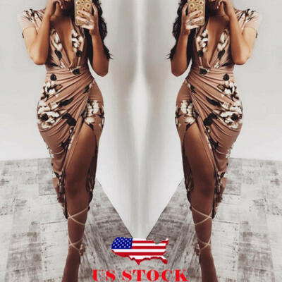 

US Womens Boho Floral Print Deep V Neck Ruched Slit Bodycon Evening Party Dress