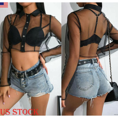

Women Girls Mesh Sheer Crop Top Turtle Neck Transparent T-Shirt Blouse Tee Tops