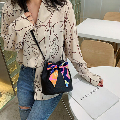 

Women Knotbow Cute Bucket Bag Soft PU Leather Shoulder Bag Crossbody Bags Fashion Scarf Drawstring Handbags T30