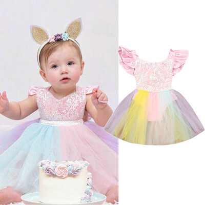 

Toddler Kid Baby Girl Sleeveless Rainbow Sequined Lace Princess Romper Dress
