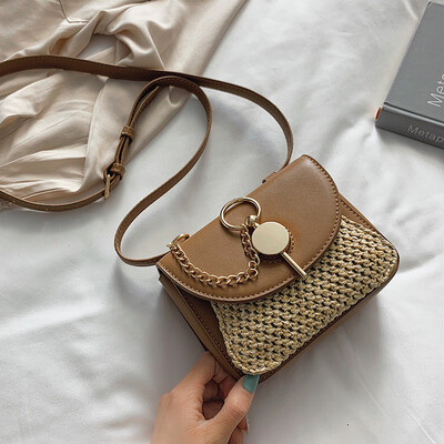 

2019 New Fashion Women Small Crossbody Bag Weave Straw Beach Handbag Famous Brand Designer Casual Saddle Shoulder Messenger Bag