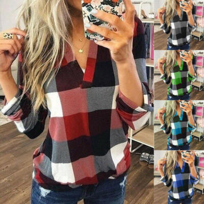 

UK Women Checked Print Long Sleeve Shirt Tops Ladies Loose Blouse Plus Size 6-20