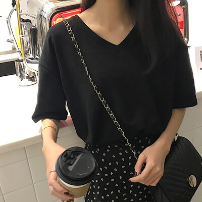 

Summer Women Short Sleeve Tshirt Simple V Neck Tee Shirt Casual Sexy Loose T-Shirt