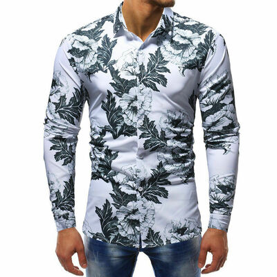 

Mens Floral Button Down Hawaiian Long Sleeve Casual Slim Fit Shirt Tops