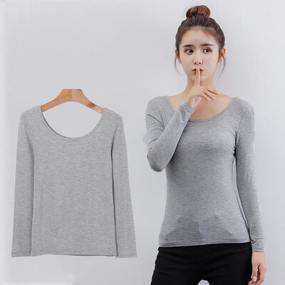 

Fashion Women Modal Bottom T-shirt Long Sleeve O-neck Solid Color Stretch Thin Slim Basic Tee Tops Casual Pullovers Blouse