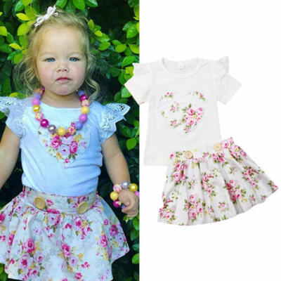 

US Infant Baby Girls Love Tops Flower Short Mini Skirt Summer Dress Clothes Sets