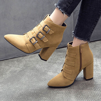 

Rose Fashion Pure Color Pointed Toe Zipper Boots Chunky Heels Vintage Women Boots