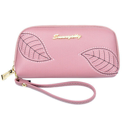 

Leaf Embroidery Women Long Purse Phone Cash Holder Faux Leather Clutch Wallet