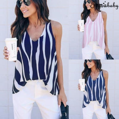 

2018 New Fashion Women Vest Sleeveless Striped Chiffon V Neck Blouse Summer Casual Loose Tank