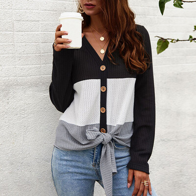 

V-neck Button Women Sweater Long-sleeved Contrast Color splice Cardigan
