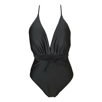 

Women Sexy Solid Color Slim Sling One-Piece Halter Bikini Gathered High Waist Swimsuit