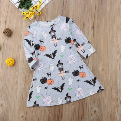 

Toddler Kids Baby Girls Halloween Cartoon Print Long Sleeve Dress Casual Clothes