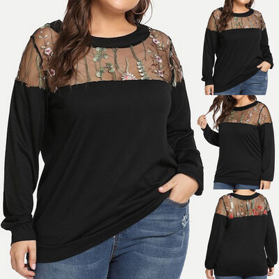 

Roseonmyhand Fashion Women Plus Size Mesh Embroidery Solid O-Neck Patchwork Long Sleeve Tops