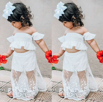 

Cute Toddler Kid Baby Girl White Lace Floral Tops Long Skirt Outfits Set Clothes