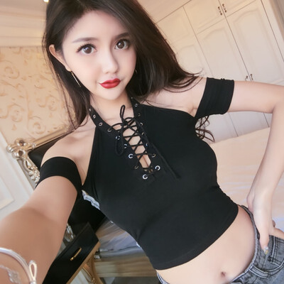 

Womens Off Shoulder Crop Top Fashion Slash Neck Solid Short Sleeve Lace Up Sexy Pullover T-Shirt