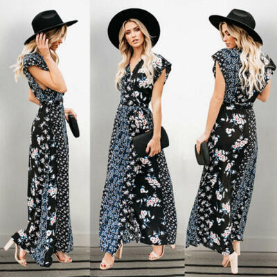 

Womens Boho Floral Chiffon Summer Party Evening Beach Long Maxi Dress Sundress