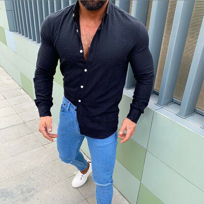 

Fashion Mens Summer Linen Slim Fit Long Sleeve Solid Color Tops Breathable Soft Casual Shirts