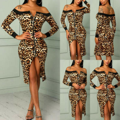 

New Women Leopard Off Shoulder Party Evening Cocktail Bandage Bodycon Mini Dress