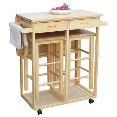 

Kitchen Island Rolling Trolley Cart Storage Dinning Table Stools Set Wood