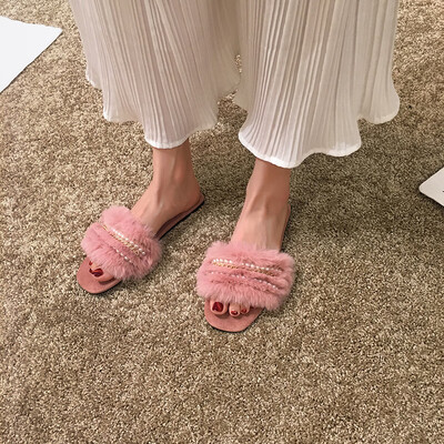 

Fairy wind slippers new style wear autumn Korean version pearl wool shoes flat sole metal chain flip-flops