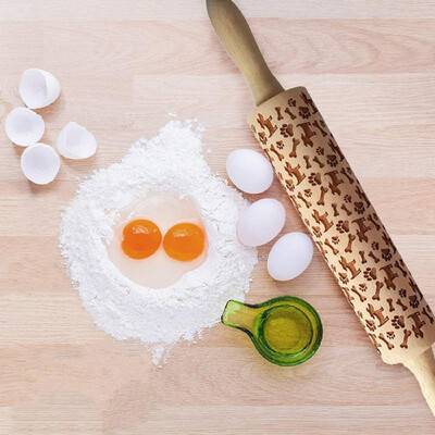 

Wooden Rolling Pin with Easy Roll Bearings Puppy Engraved Embossing Rolling Pin Baking Cookies Cake Biscuit Tarts Noodle Dough