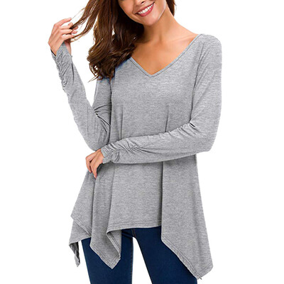 

Starmoon Women Casual Solid Blouse Long Sleeve Handkerchief Tunic V-neck Top Shirt