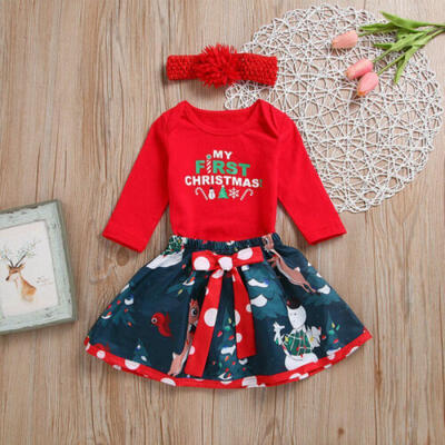 

3PCS Baby Girls My First Christmas Romper Tops Skirt Headband Outfits Set Suits