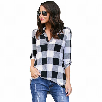 

Plaid Shirt Womens Long Sleeve Winter V-neck Wild Shirt Women