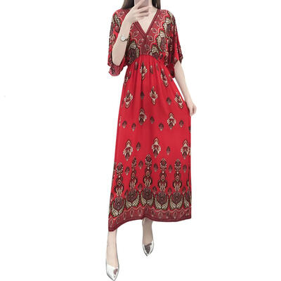 

Ethnic Boho Floral Print Tunic Dress Large Size Women V-neck Maxi Dresses