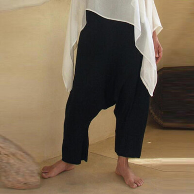 

Plus Size Drop-Crotch High Waist Cotton Linen Beach Trouser Wide Leg Harem Pants