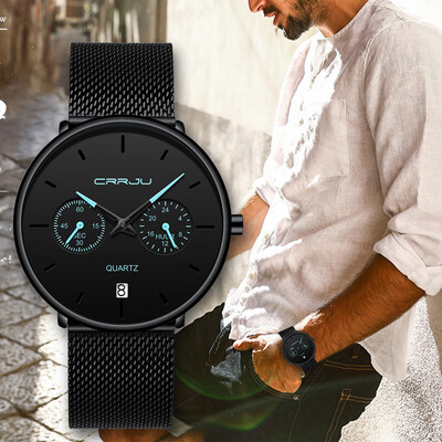 

Gobestart CRRJU Mens Watch Waterproof Calendar Steel Mesh with Chronograph Quartz Watch